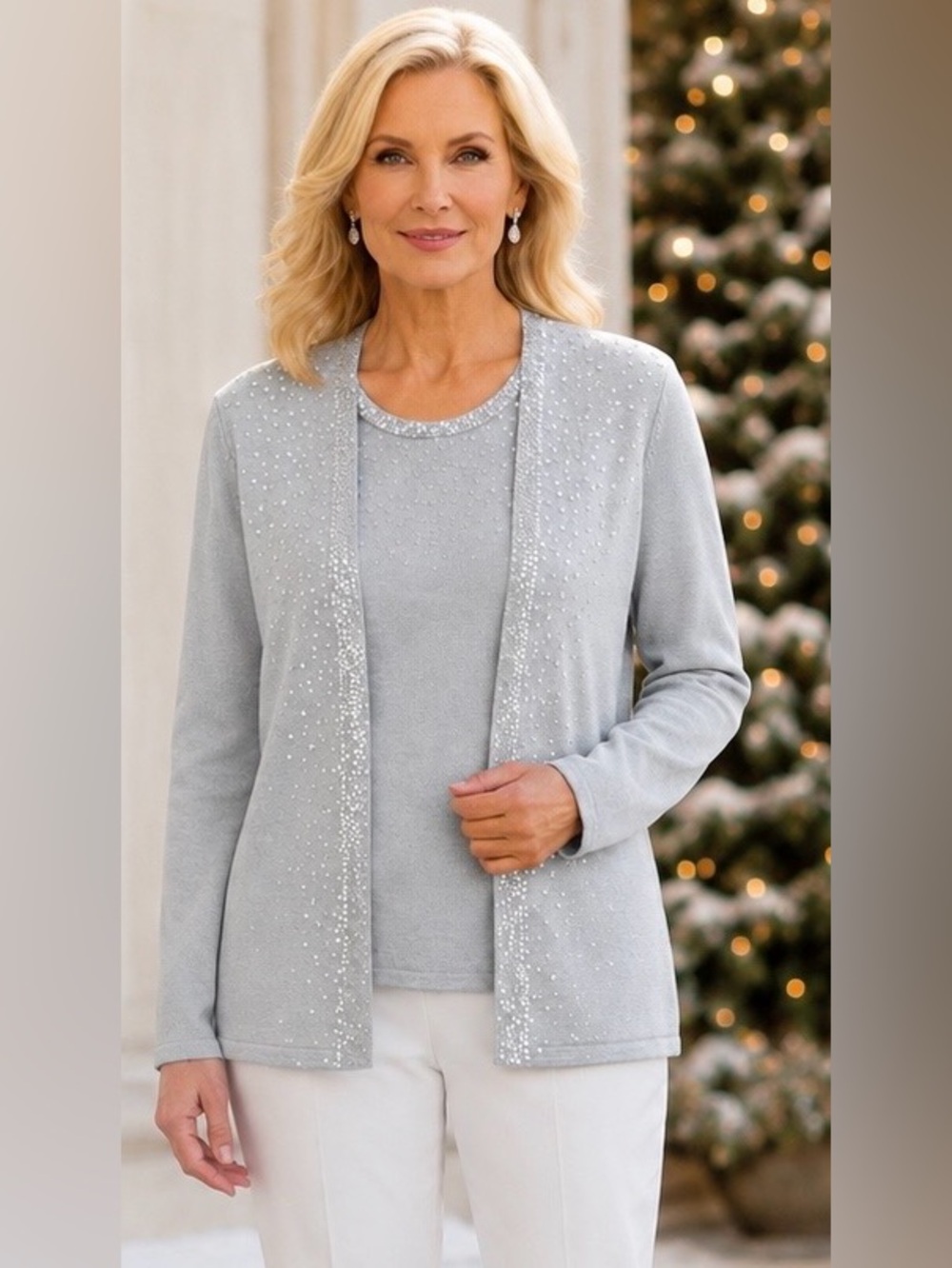 Alfred Dunner Twinset Sweater Cardigan Silver Sequin Embellishment Sz XL Vintage - Picture 3 of 7